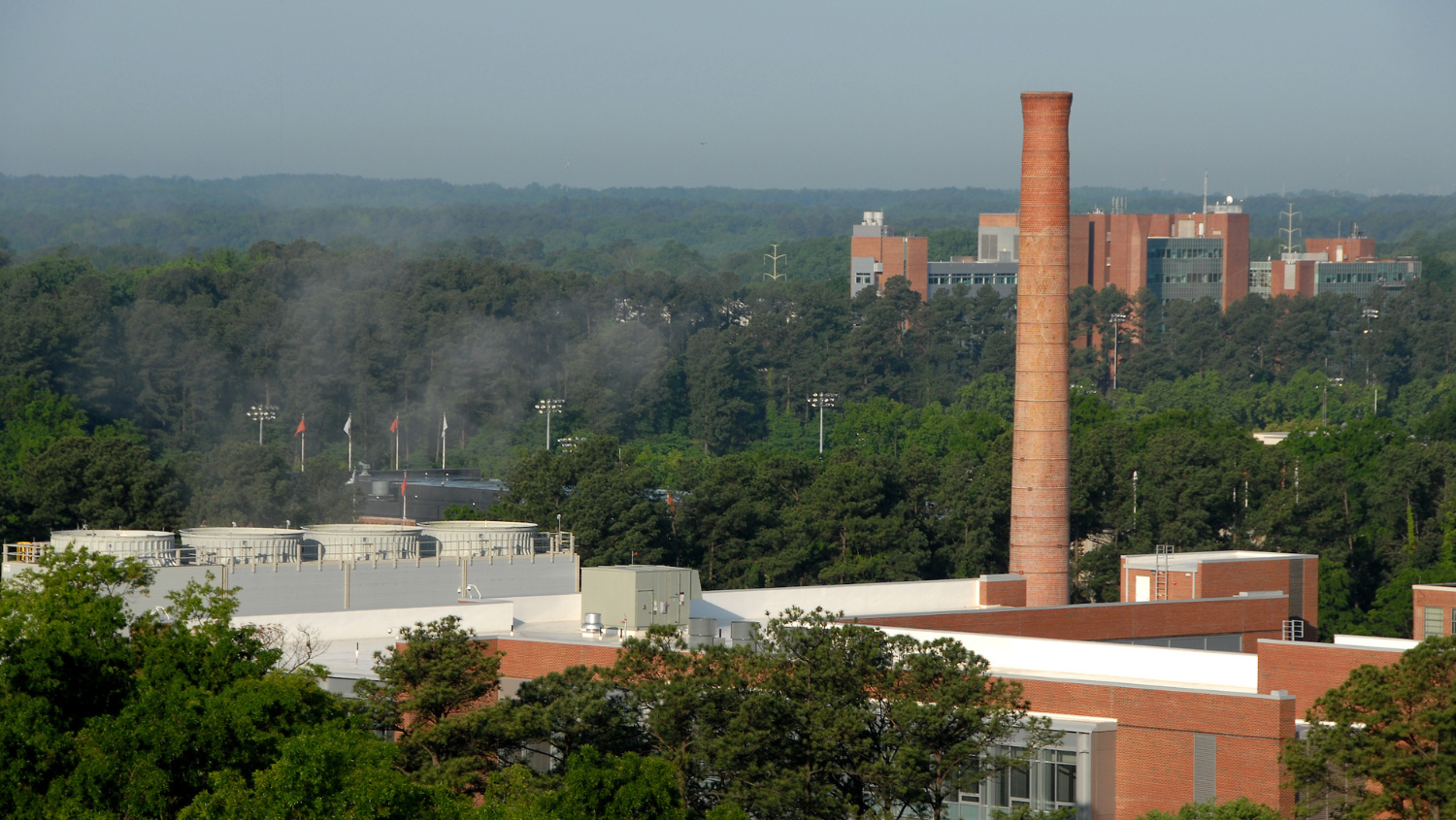 Campus on a sunny Spring day overlooking Yarbrough Utility Plant and Burling Lab. PHOTO BY ROGER WINSTEAD